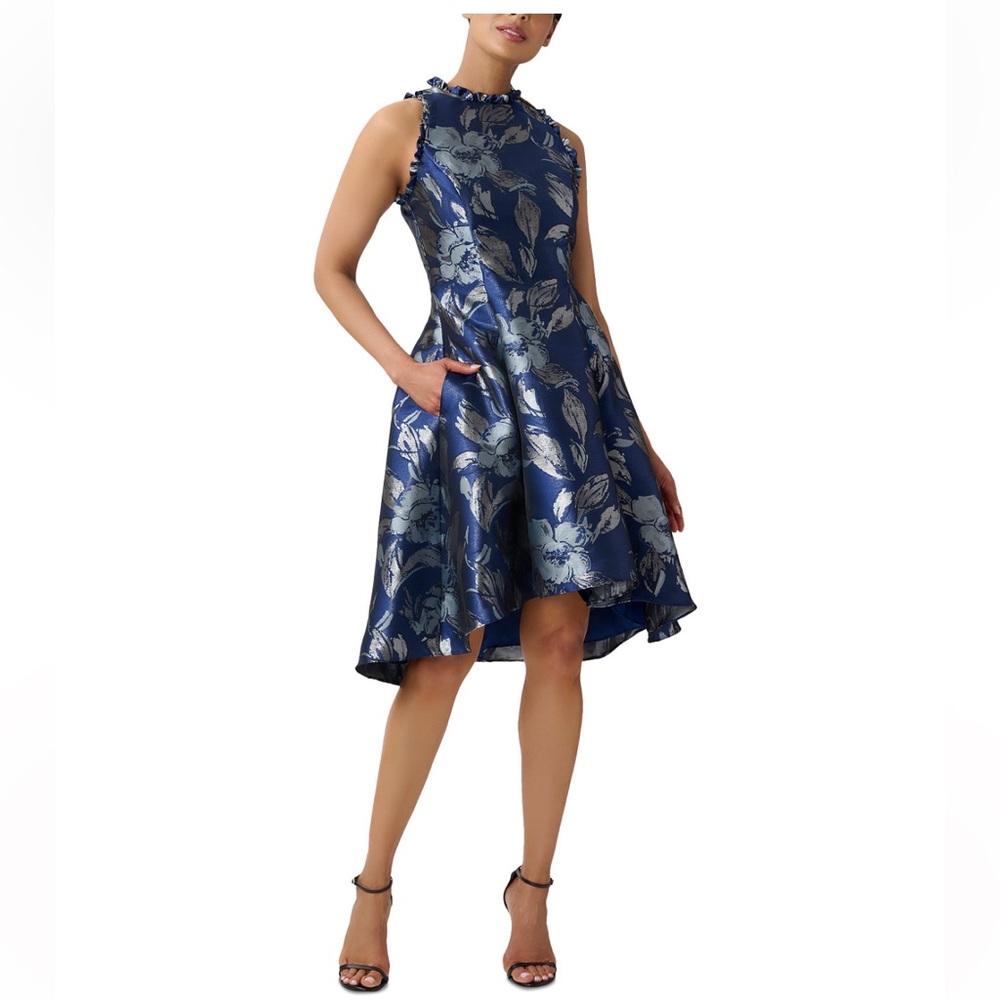 NWOT Adrianna Papell Women's Ruffle Jacquard High-Low Halter Dress